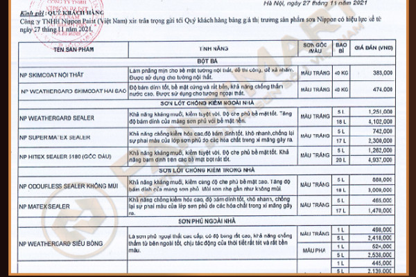 Bảng giá bán lẻ sơn Nippon năm 2022